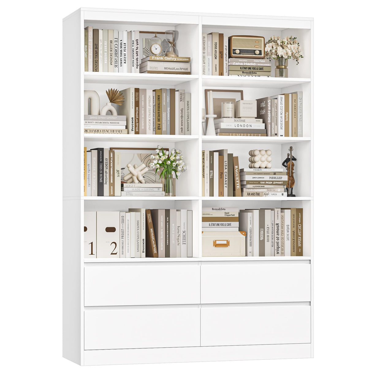 FINETONES 71" White Bookshelf with Drawers, 47.3" Double Wide Bookshelves and Bookcases with Storage, Tall Bookshelf Large Open Book Shelf Standing Book Case for Home Office, White FINETONES