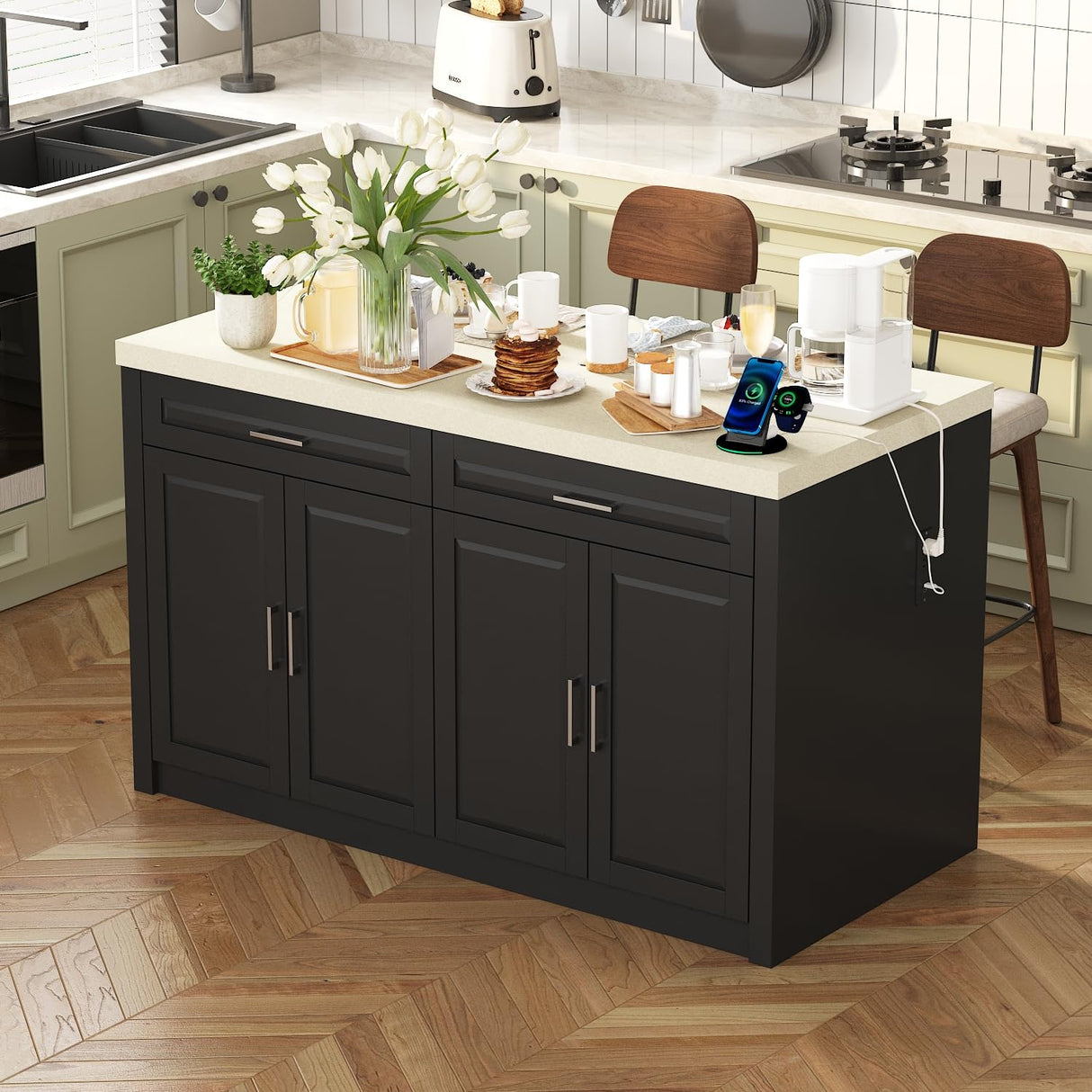 Homsee 61" W Large Kitchen Island with Charging Station, 2 Drawers & Adjustable Shelves, Modern Stationary Kitchen Prep Table Coffee Bar Cabinet for Dining Room, Black & Beige Homsee