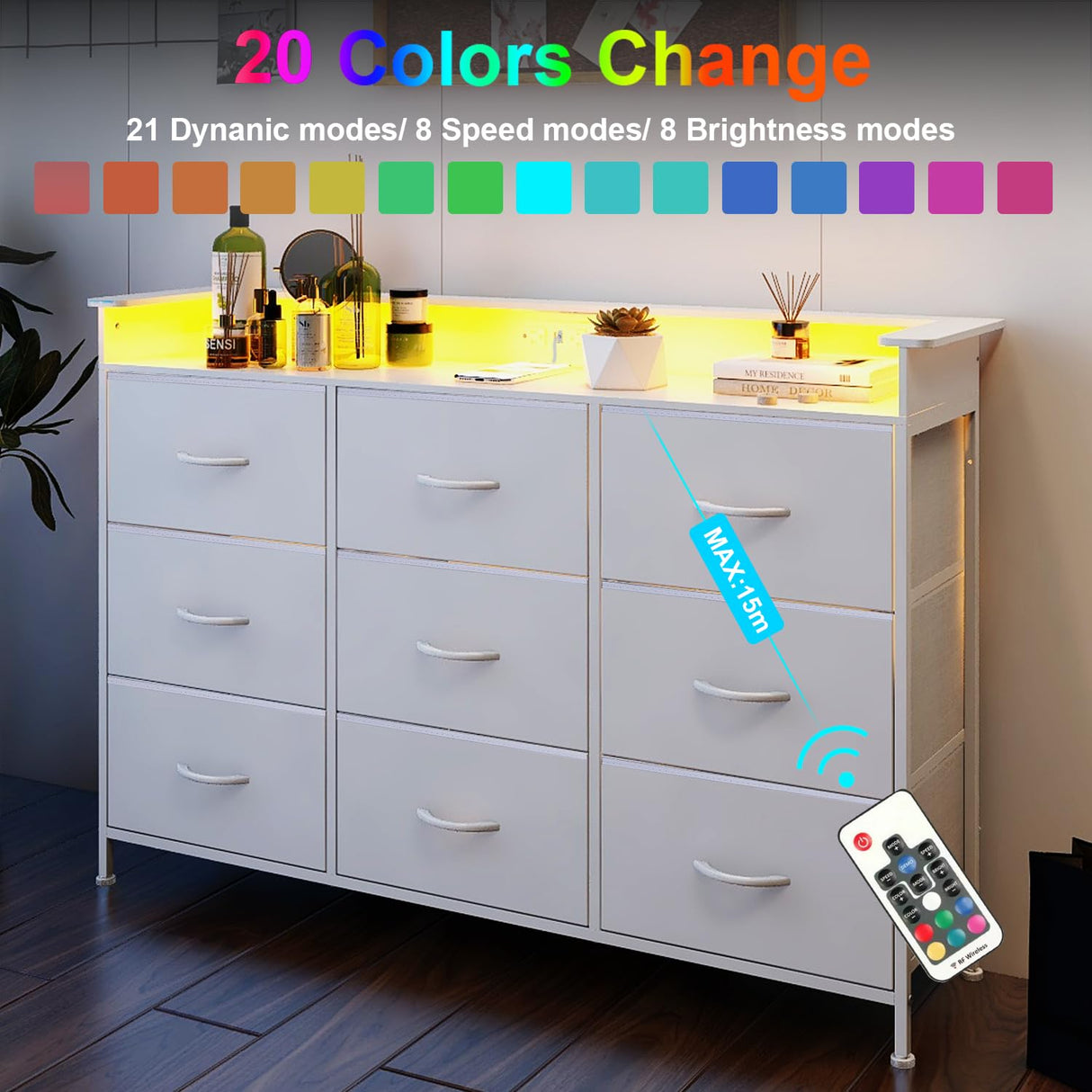 EXOTICA White Dresser with LED Light for Bedroom 9 Drawer Dressers with Charging Station Chests of Drawers for Entryway Closet Living Room Hallway Sturdy Steel Frame Wooden Top Easy Pull Handle EXOTICA