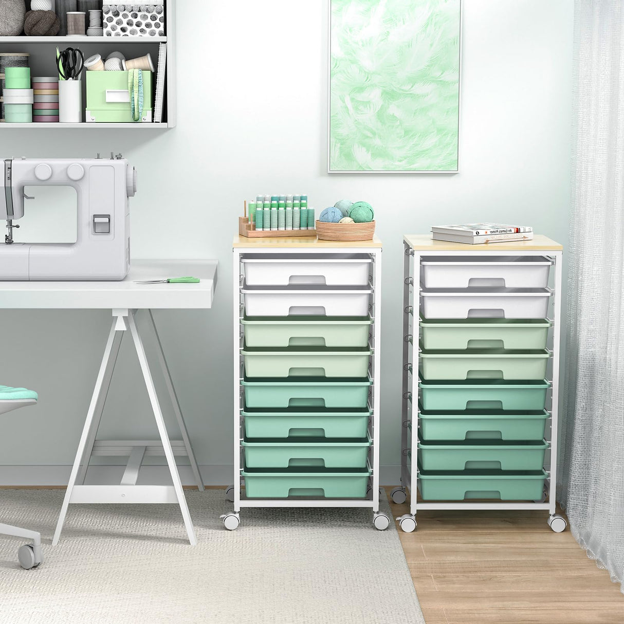 Rolling Storage Utility Cart Organizers with 8 Drawers and Wooden Tabletop for Living Room,Office,Classroom,Craft Room,Bedroom,Dorm,Green SYKIARIOL