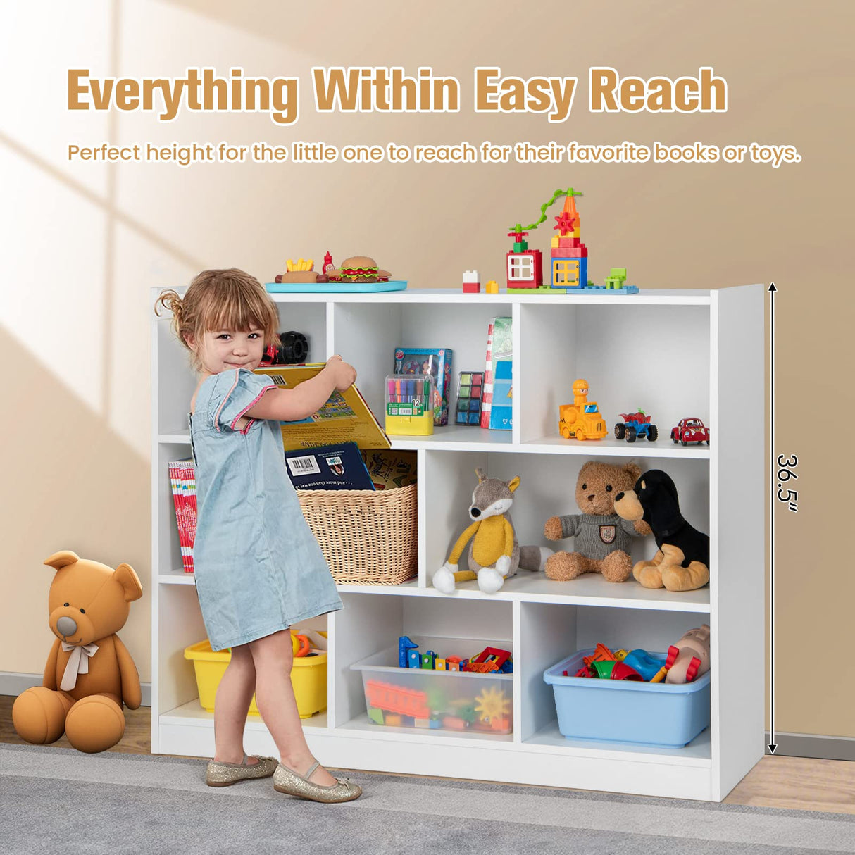 KOTEK 8-Cubby Wooden Kids Bookshelf - Versatile Toy Storage Organizer for Nursery, Playroom, and Classroom KOTEK