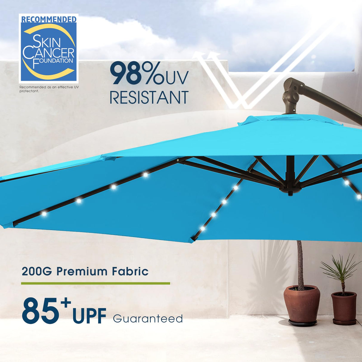 wikiwiki 10FT Solar Patio Offset Umbrella with Base Included, Outdoor Cantilever Umbrella Hanging Umbrellas with Weighted Sandbag Base, Market Patio Umbrella for Backyard, Garden & Deck, Sky Blue wikiwiki