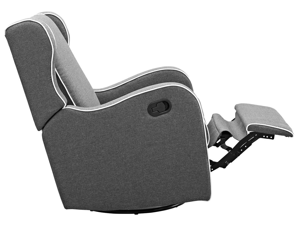 Angel Line Rebecca Upholstered Swivel Gliding Recliner, Dark Gray Linen with White Piping Angel Line