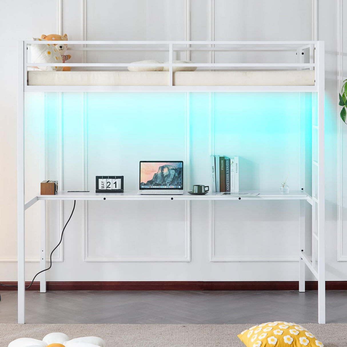 Karl home Twin Metal Loft Bed with Desk, with Power Outlet and LED Lighted, Safety Guardrail & Ladder, Space Saving, No Noise, No Box Spring Needed, White Karl home