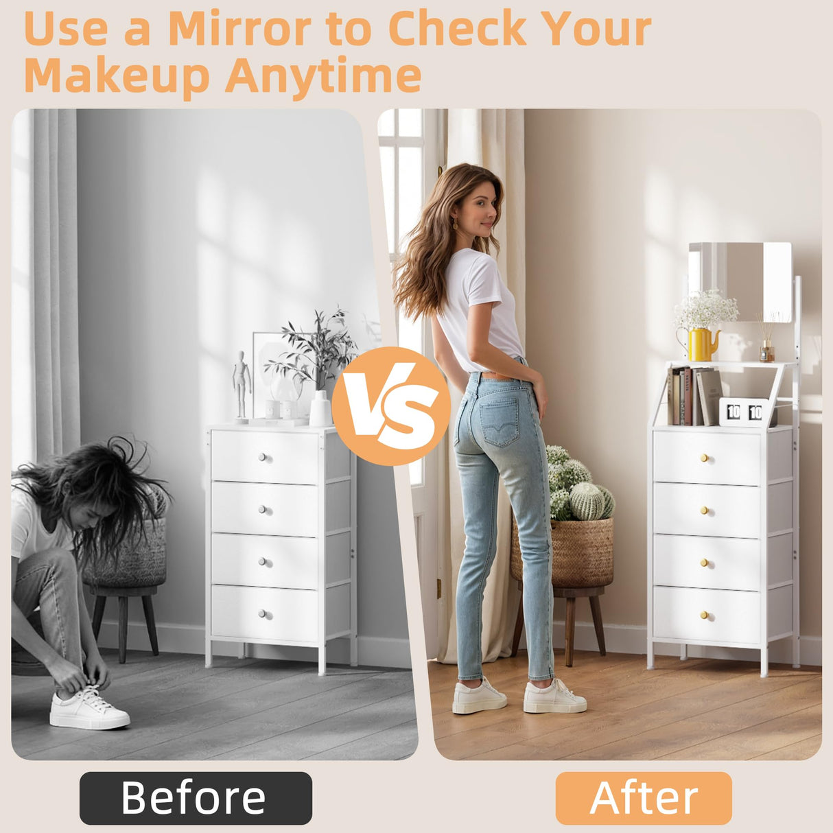 HIGDBFE Dresser with Mirror, 4 Drawers Dresser with 2-Tier Shelves, Freestanding Fabric Chest of Drawers for Small Space, Tall Narrow Nightstand Vanity for Bedroom, Hallway, Dorm, White, 15.3" W HIGDBFE