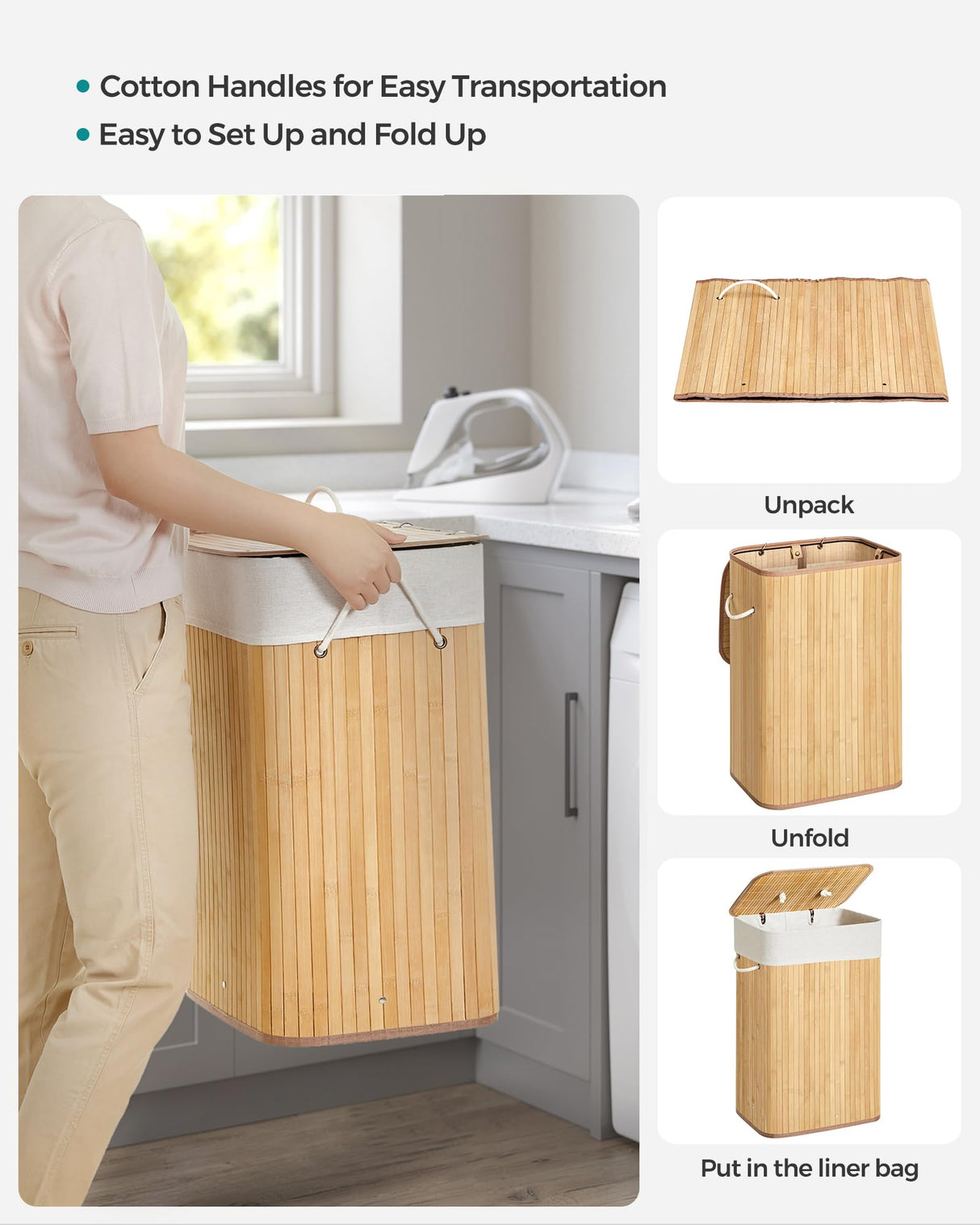 SONGMICS Foldable Laundry Hamper with Lid, 19 Gal. Bamboo Laundry Basket, Rectangular Storage Hamper with 3 Handles, 15.7 x 11.8 x 23.6 Inches, for Laundry Room, Bedroom, Natural ULCB10YV1 SONGMICS