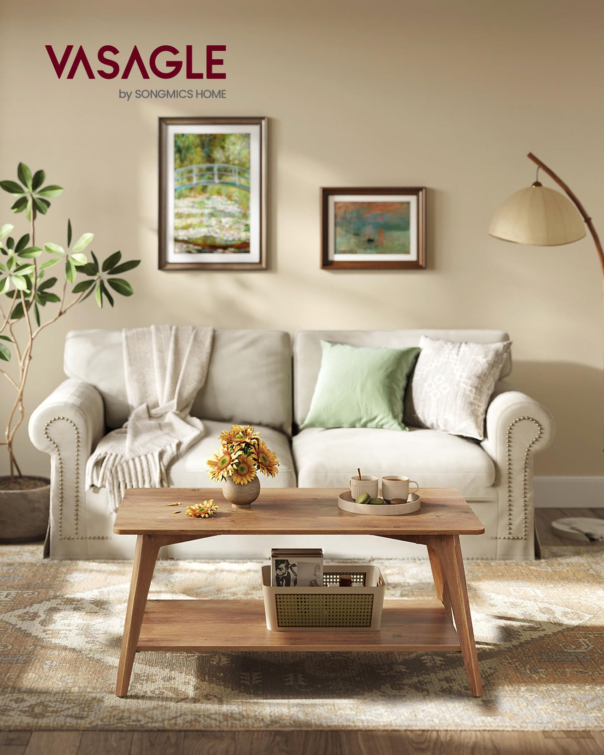 VASAGLE MAEZO Collection - Coffee Table, 2-Tier Center Table with Storage, Tapered Legs, Curved Transitions, 21.7 x 39.4 x 17.7 Inches, Easy to Assemble, for Living Room, Honey Brown ULCT249K01 VASAGLE