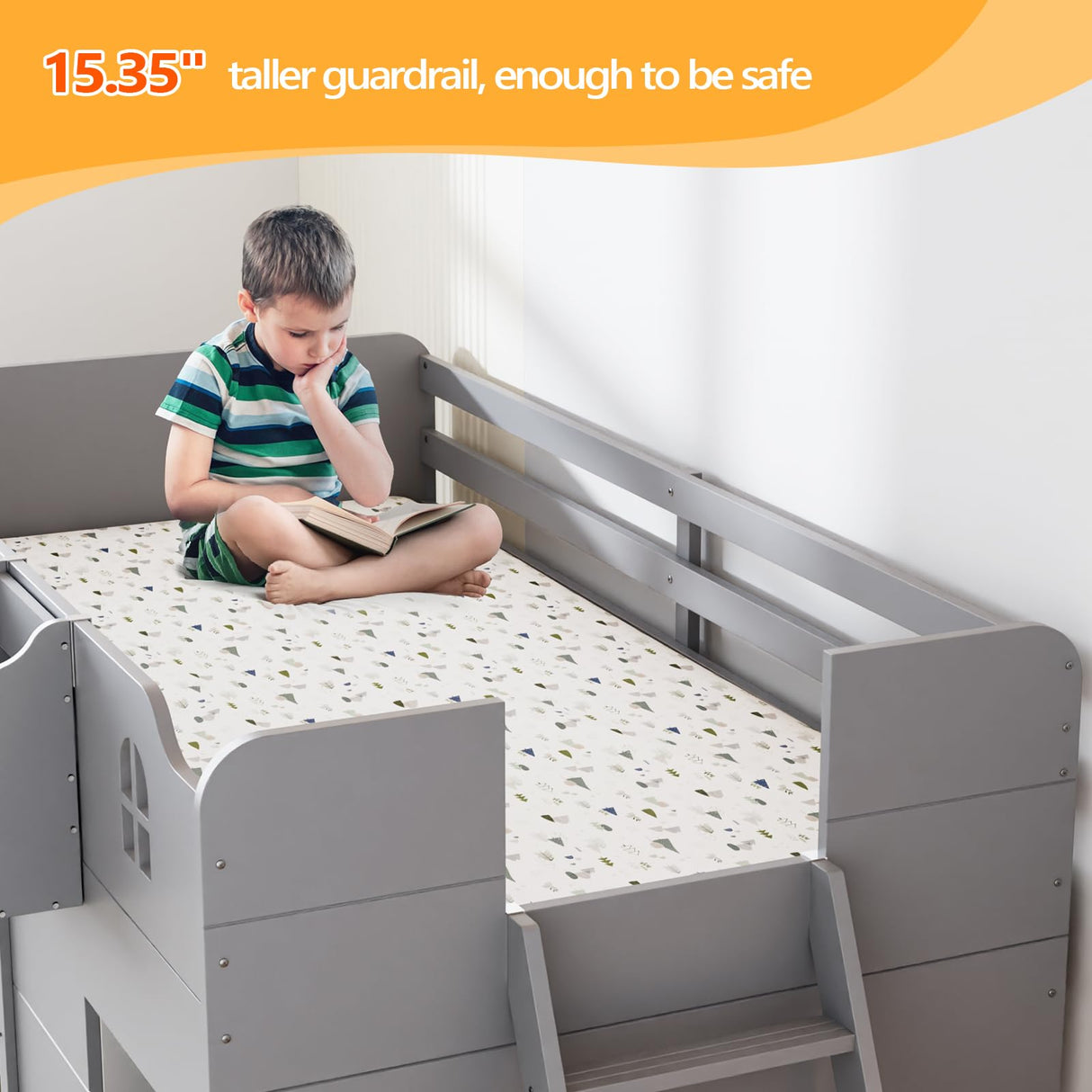 JOYMOR Loft Bed Twin Size with Led Light, Low Loft Bed with Storage Drawer, Modern Farmhouse Loft Bed with Castle Guardrail and Window, Book Rack, Smart APP Control, No Box Spring Needed (Gray) JOYMOR