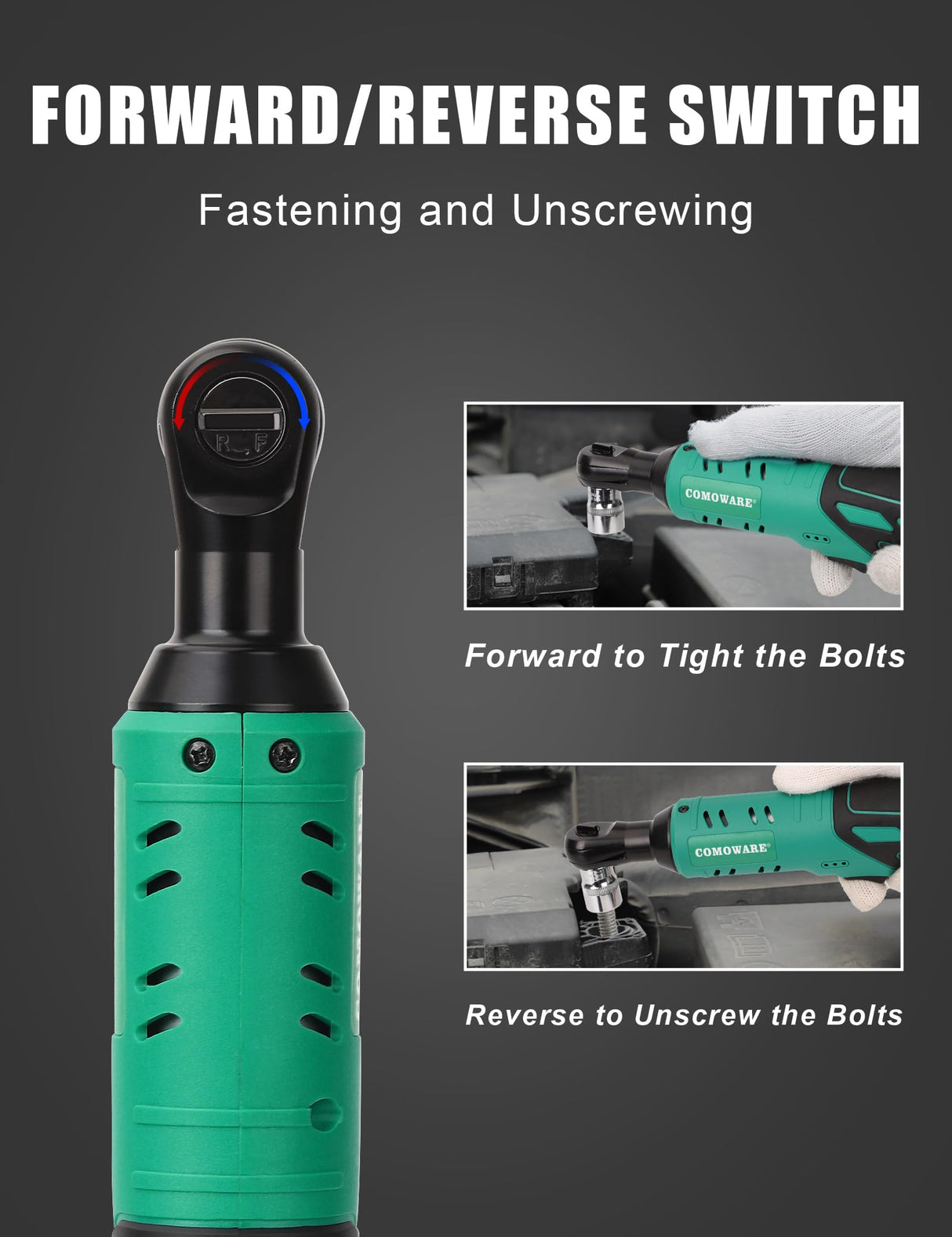 COMOWARE 3/8 Cordless Electric Ratchet Wrench Kit, 40ft-lbs Torque, 12V Power, 8 Sockets, LED Light, Fast Charger, Ergonomic Design COMOWARE
