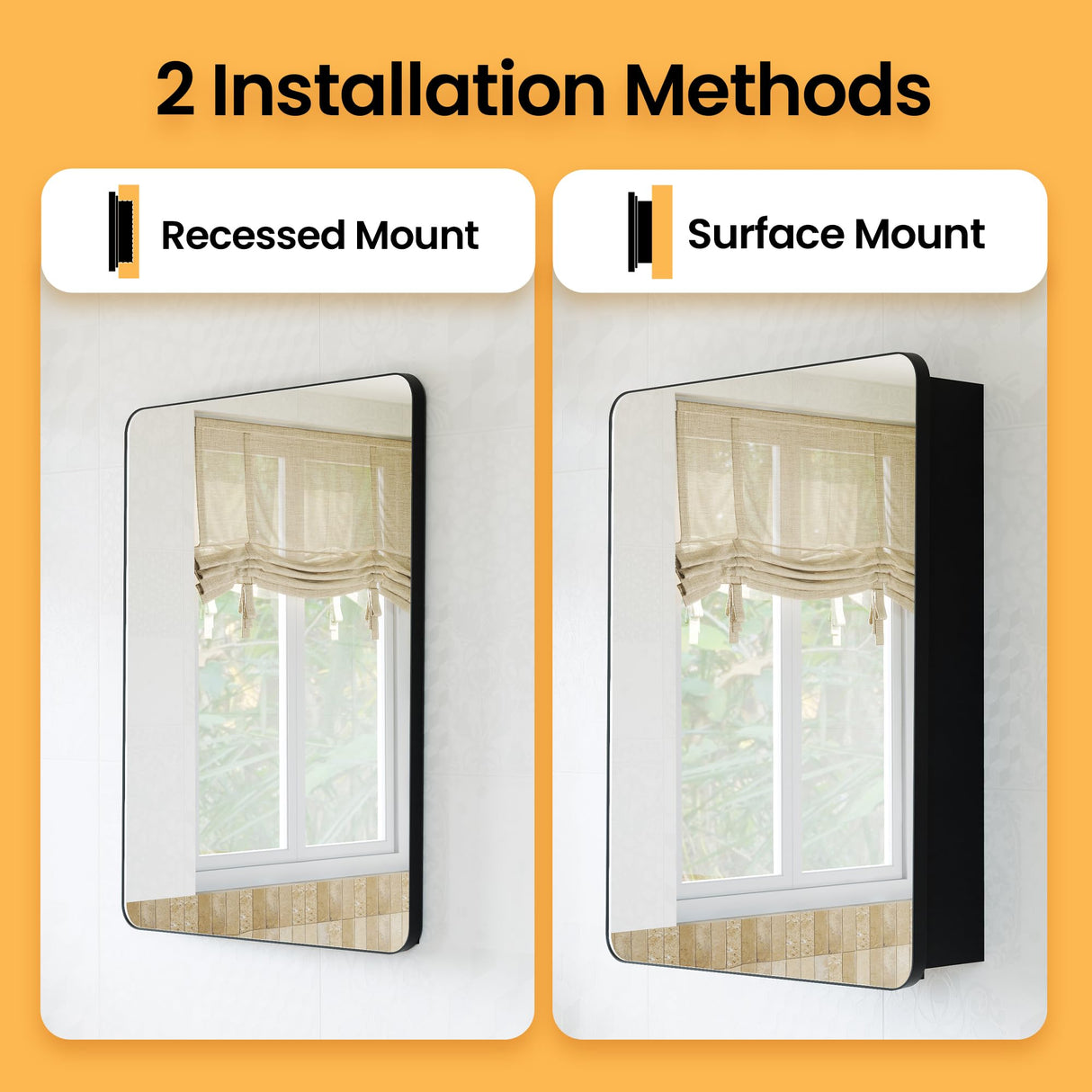 Black Medicine Cabinets for Bathroom with Mirror:20x26 Inch Small Mirrored Vanity Storage with Adjustable Shelves-Surface or Recessed Wall Mount-Matte Black Frame MemoCastle