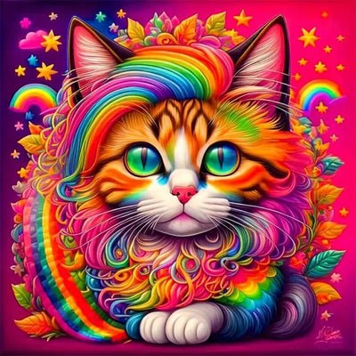 Diosedyer 5D Full Drill Colorful Rainbow Cat Diamond Painting - Whimsical Cat with Rainbow Hair, Stars & Rainbows, DIY Craft for Decoration & Gift 11.8x11.8 inch