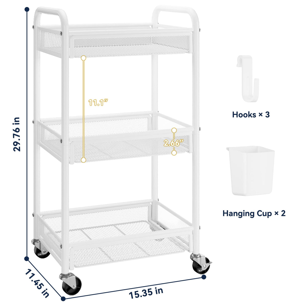 YASONIC 3 Tier Rolling Cart – Metal Utility Storage Cart with Wheels, Craft Carts Organizer with Hanging Cups, Hooks, Mesh Basket for Bedside Kitchen Office Art, White YASONIC