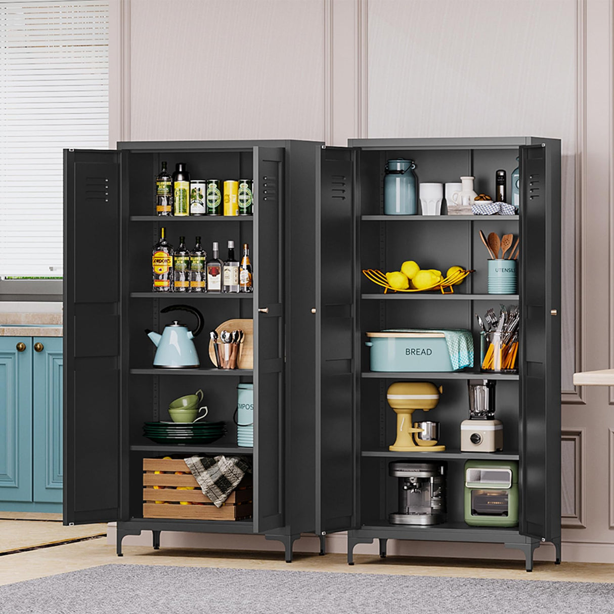 BYNSOE 71'' Kitchen Pantry Storage Cabinet with 5 Adjustable Shelves Metal Pantry Storage Cabinet with Ventilation Cupboard Cabinet for Kitchen, Living Room Dinning Room Bathroom. (Black, 71 inch) BYNSOE