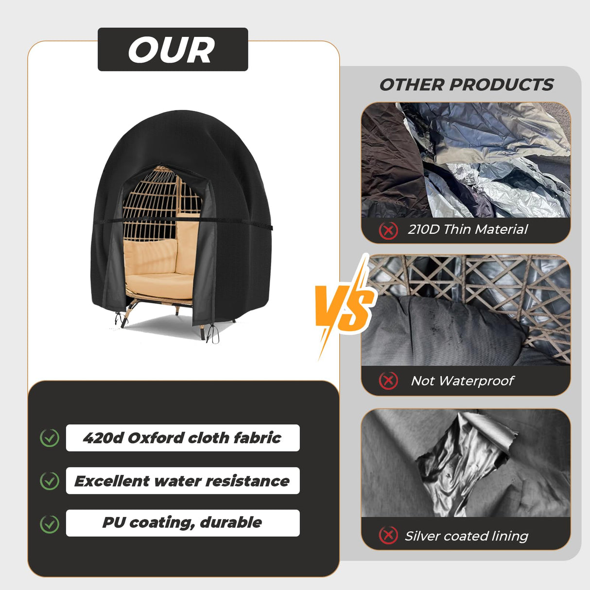 Egg Chair Cover Waterproof Double Egg Chair Covers for Outdoor Furniture 420D Patio Hanging Swing Chair Cover 91x80 inches Aurragiy