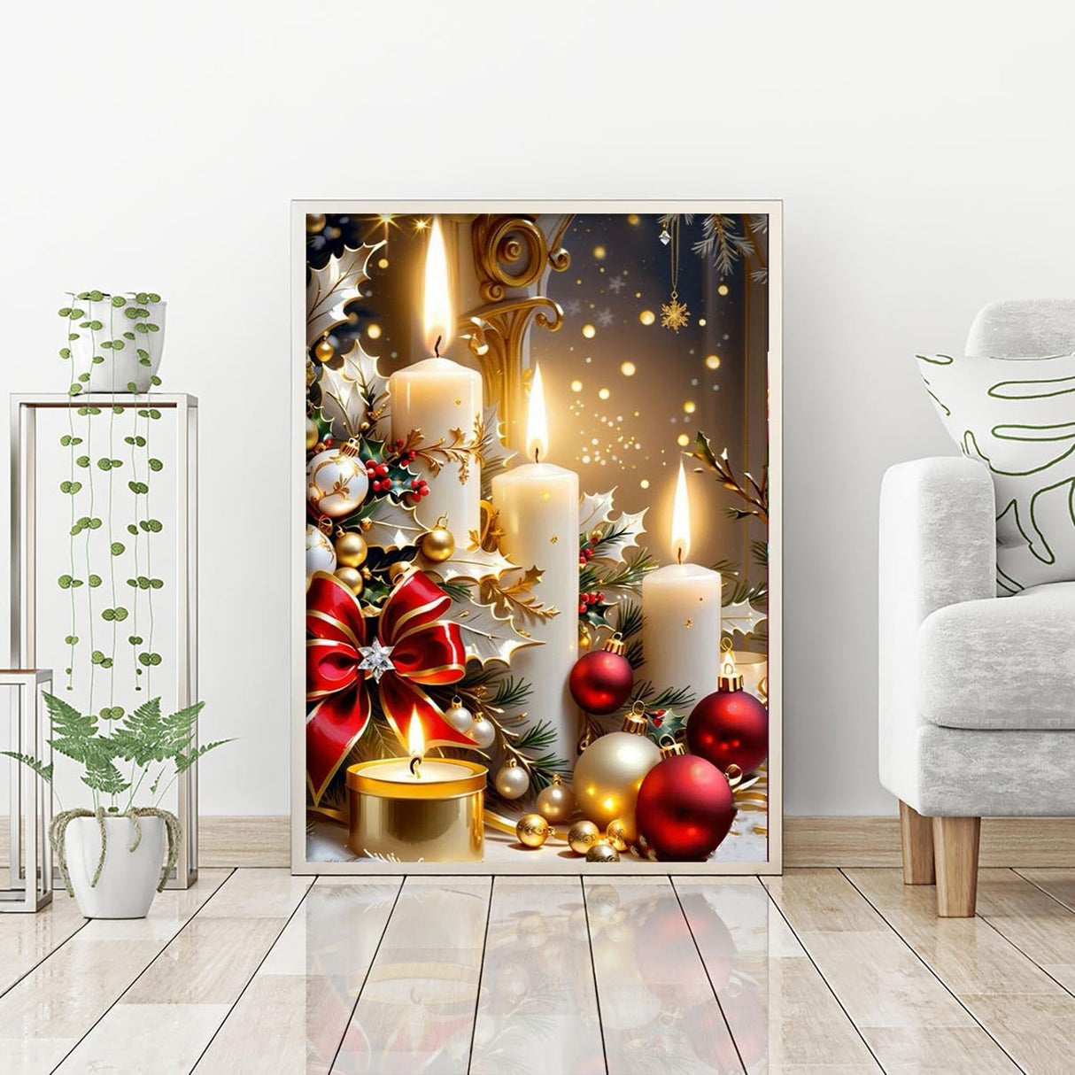 Mrnsiet Christmas Diamond Painting Kits for Adults, Christmas Candles Diamond Art for Beginners, 5D Round Full Drill Winter Diamond Painting Gem Art Kits for Home Wall Decor 12x16inch Mrnsiet