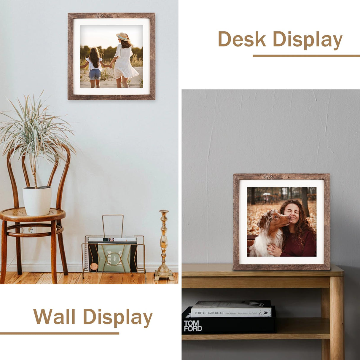 ORIVAN 10x10 Picture Frame Wood Display Picture 8x8 with Mat or 10x10 without Mat Distressed Brown Square Photo Frame for Wall and Tabletop Decoration ORIVAN