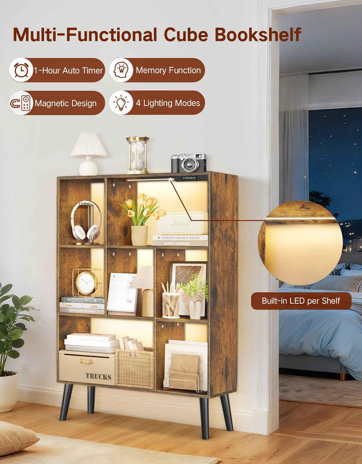 OUTONLIFE 7-Cube Bookshelf with LED Lights, Touch & Remote Control, Freestanding Open Bookcase Storage Shelf, Dimmable Modern Wooden Display Organizer with Legs for Living Room, Bedroom (Rustic Brown) OUTONLIFE