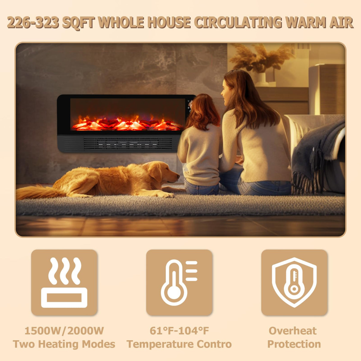 Honitra 22inch Small Electric Fireplace Heater, 3D Flame Fake Fireplace, Remote Control Wall Fireplace, Portable Fireplace Heaters for Indoor Use Living Room Bedroom Bathroom 1500w/2000w, 12h Timer Honitra