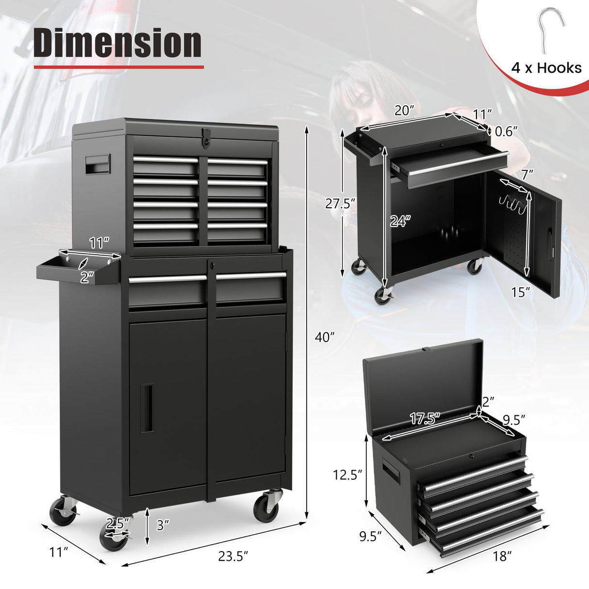 Goplus Rolling Tool Chest, 5 Drawers Tool Storage Cabinet with Universal Lockable Wheels, Detachable Top Toolbox, Lock Bar, Protective Liner, Heavy Duty Metal Tool Cart, Tool Box for Workshop Garage Goplus