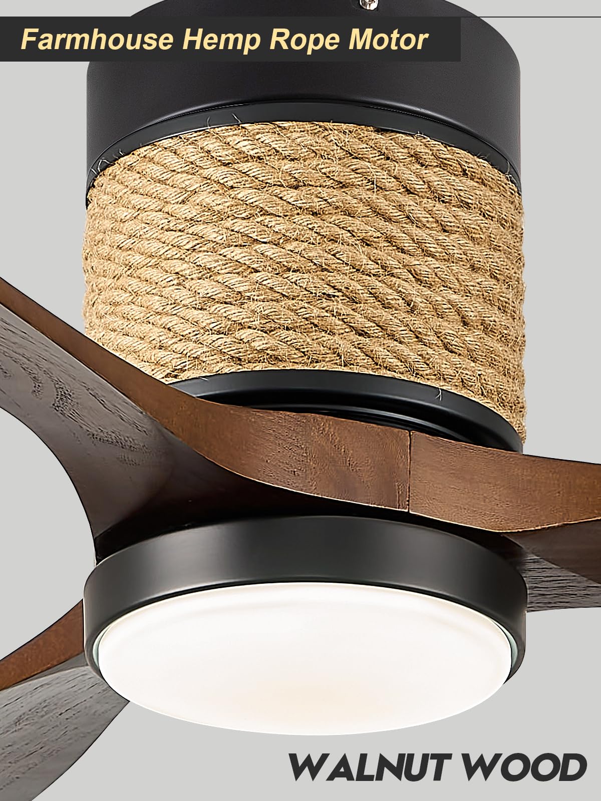 FookChak 60in Dimmable Black Ceiling Fan Light with Remote Control 3 Blade Hemp Rope Farmhouse Ceiling Fan with Light Walnut Wood LED Ceiling Fan Outdoor for Patio Kitchen Bedroom Living Room FookChak