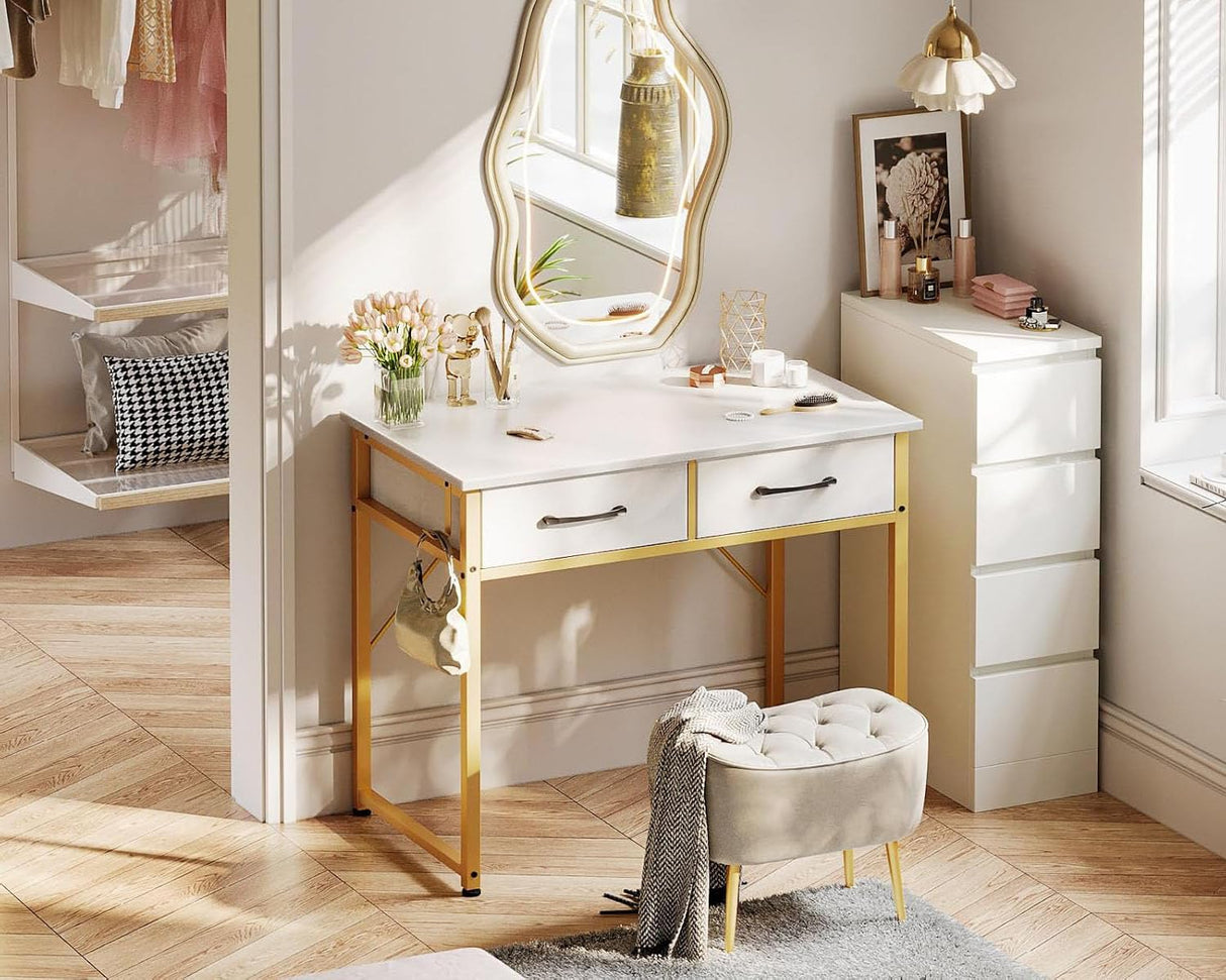 Casaottima 32 Inch Small Dressing Vanity Desk with 2 Drawers & Headphone Hook, Makeup Vanity Desk for Bedroom Without Mirror,Modern Space-Saving Design for Small Spaces White-Gold Casaottima