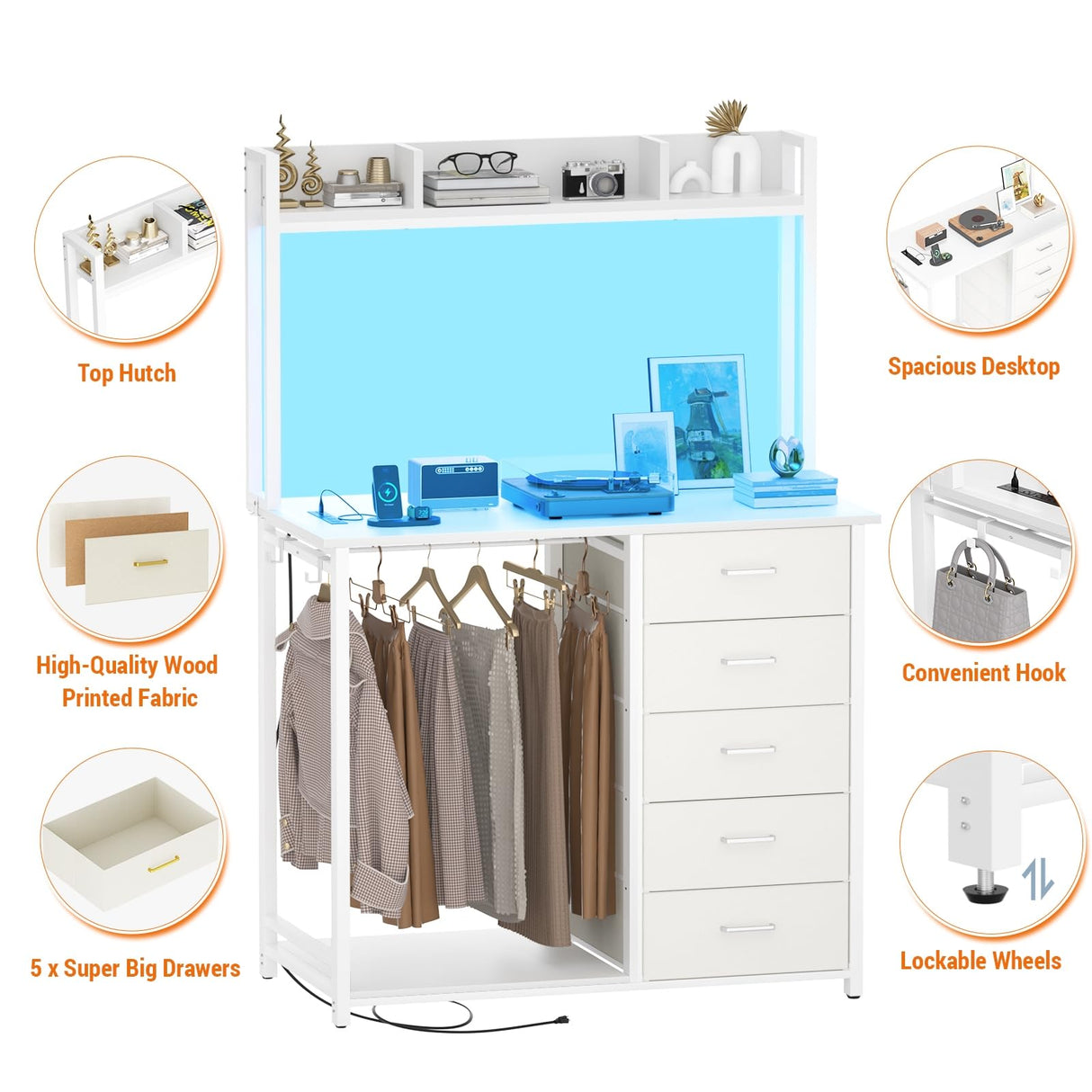 Cyclysio Dresser for Bedroom with Hutch & Clothes Rack, 70'' Tall 5 Drawers Dresser with Shelves, Dressers Closet with Charging Station & LED Lights, Bedroom, White Cyclysio