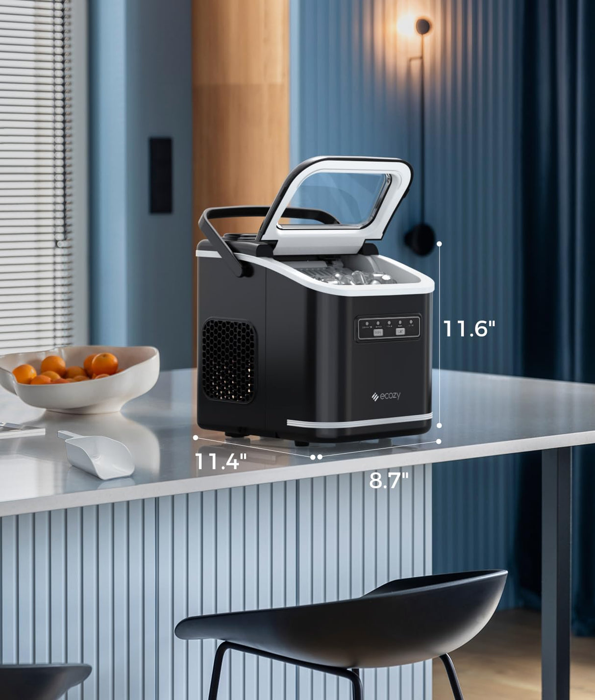 ecozy Countertop Ice Maker, Portable Ice Maker with Self-Cleaning, 9 Bullet Ice Cubes in 6 Mins, 26lbs/24Hrs, Ice Maker Machine with Ice Bags, Handle, Standing Scoop and Basket, Black, IM-BS261C ecozy