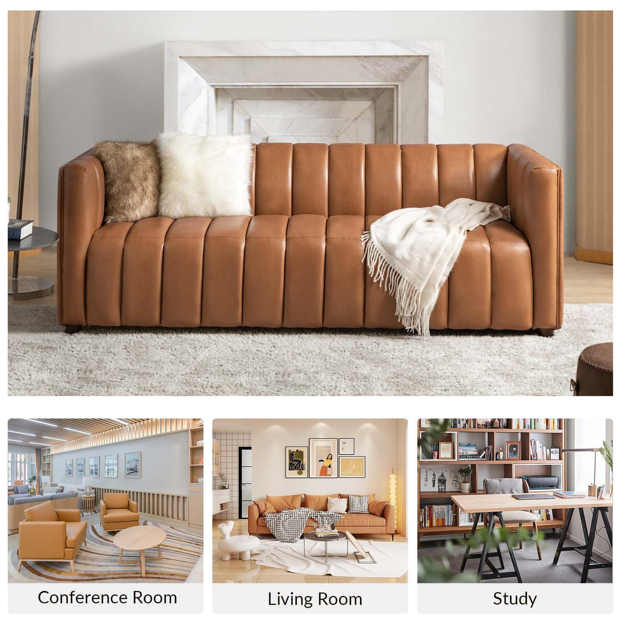 HULALA HOME 83" Genuine Leather Sofa, Sofa Leather for Living Room, 3 Seater Sofa Couch Top Layer Leather Large Sofa Furniture with Channel Tufted Seat Back & Square Arms (Camel) HULALA HOME