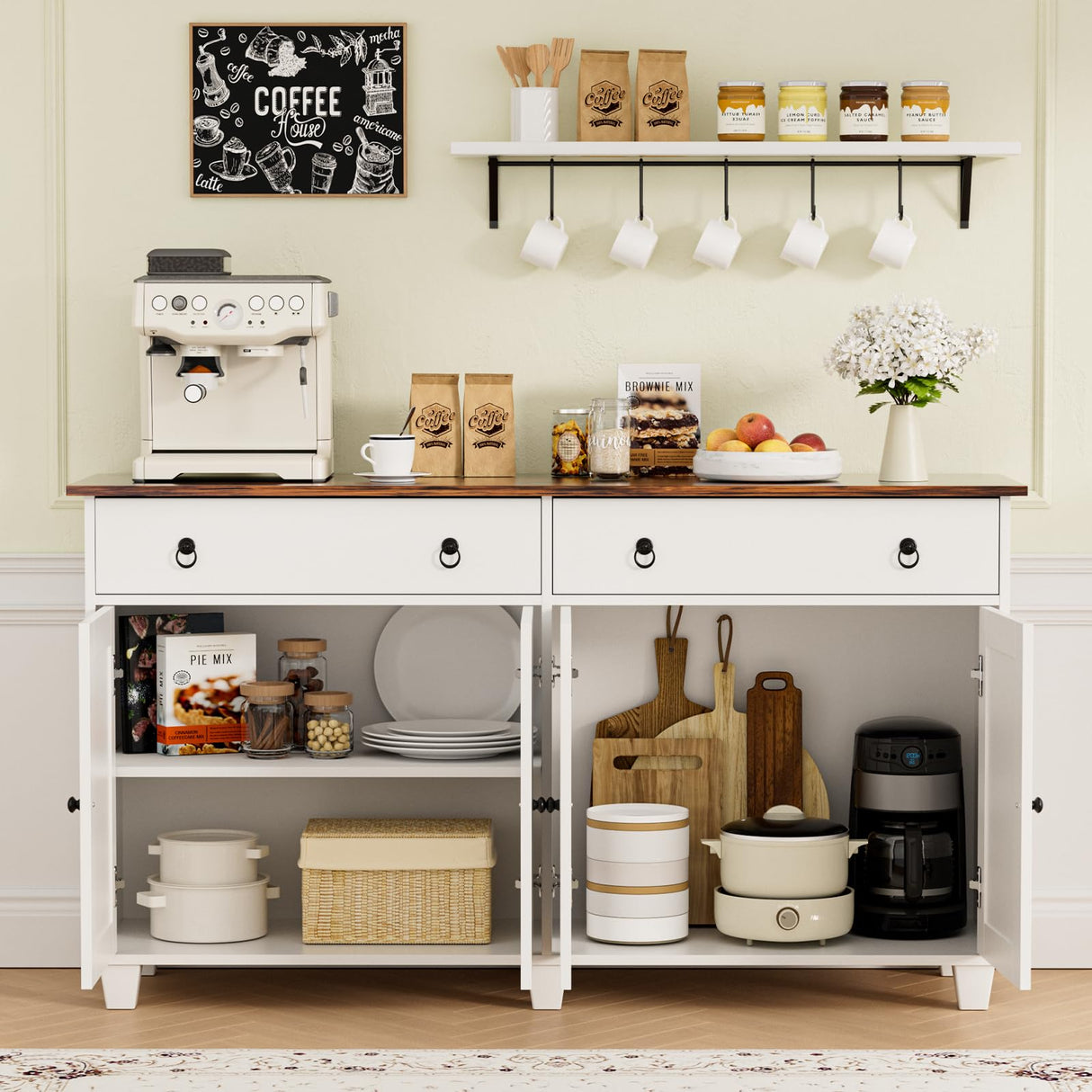 SYESWAY Buffet Cabinet with Storage, 55”Large Coffee Bar Cabinet with 2 Drawers and 4 Barn Doors, Adjustable Shelf, Modern Farmhouse Sideboard Buffet for Kitchen, Living Room, White SYESWAY