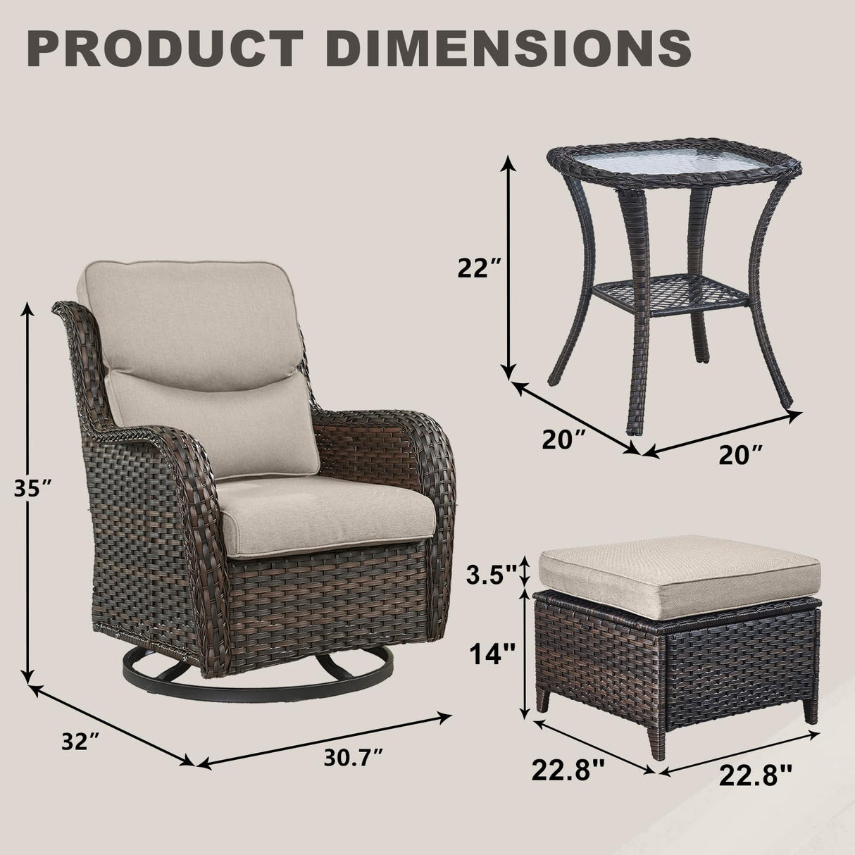 Rilyson Wicker Patio Furniture Set - 5 Piece Rattan Outdoor Sectional Conversation Sets with 2 Swivel Rocking Chairs,2 Ottomans and 1 Side Table for Porch Deck Garden(Brown/Beige/Smile) Rilyson