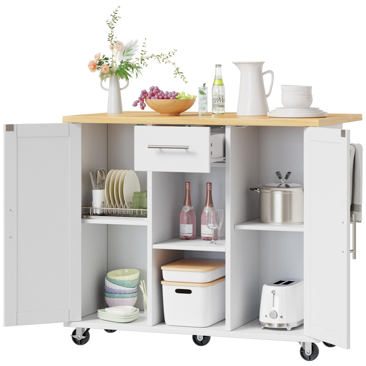 Shintenchi Kitchen Island with Storage, Bar Cart Cabinet Island Table on Wheels, Rolling Microwave Cart for Kitchen with Drop Leaf, Drawers, Towel Rack, Seating Area for Dining Room, White Shintenchi