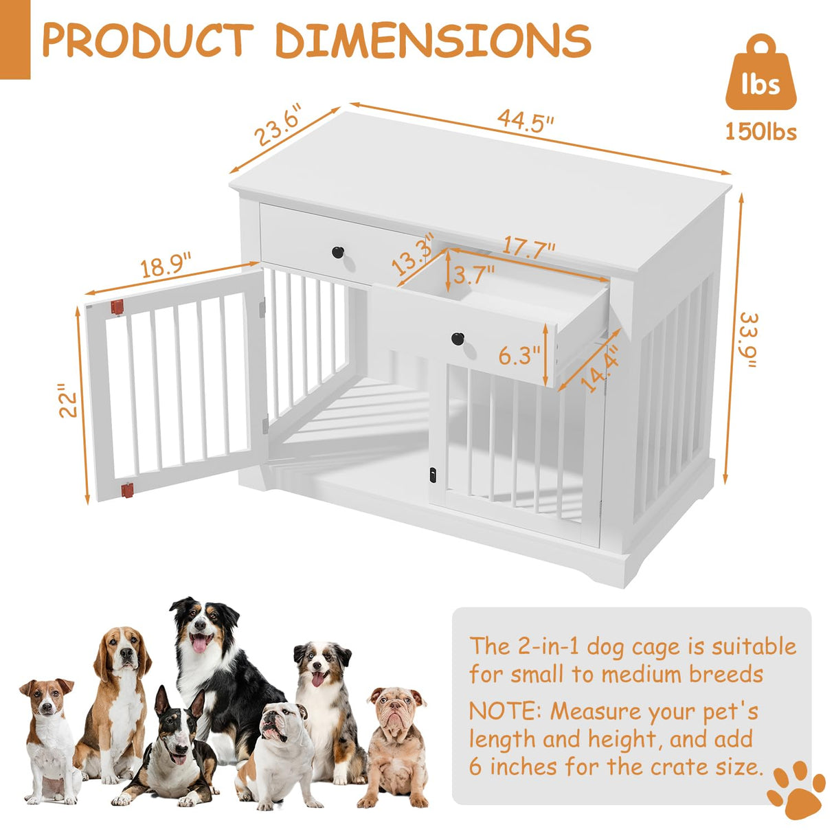 PRETZI Dog Crate Furniture, 44 Inch Wooden Dog Kennel Indoor with 2 Storage Drawers, Heavy Duty Large Crate Furniture, Decorative End Table Cage Furniture for Small/Medium/Large (White) PRETZI