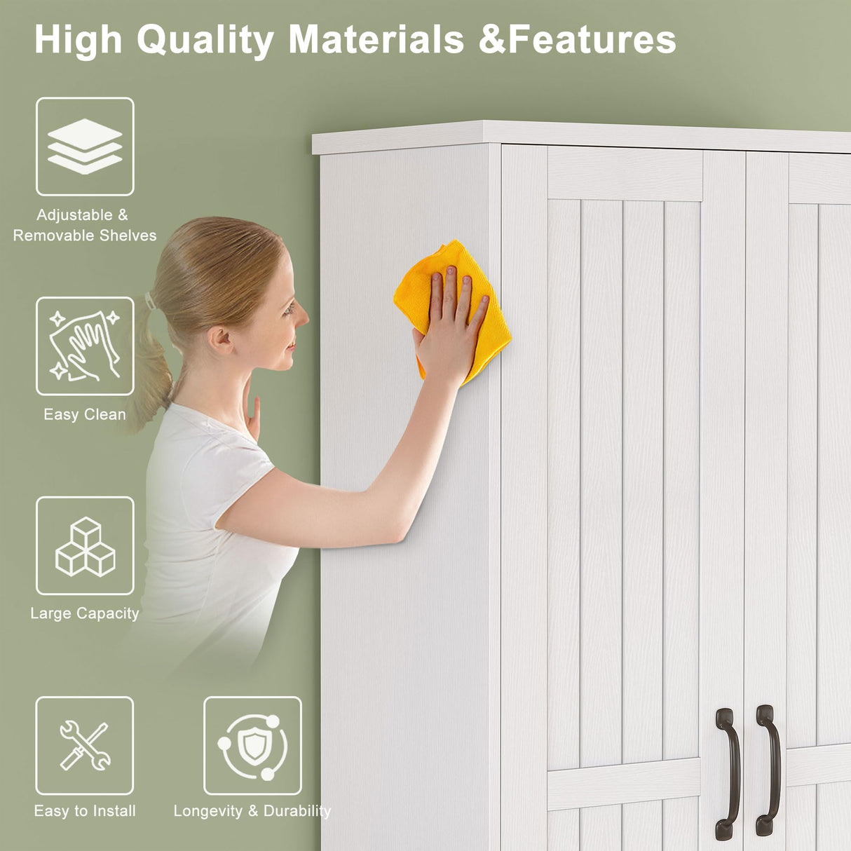 70" Tall Storage Cabinets, Large Wood Storage Pantry Cabinet with 6 Adjustable Shelves, 2 Striped Doors & Drawer, Standing Utility Cabinet for Kitchen, Bathroom, Dining Room, Antique (White) Decofy