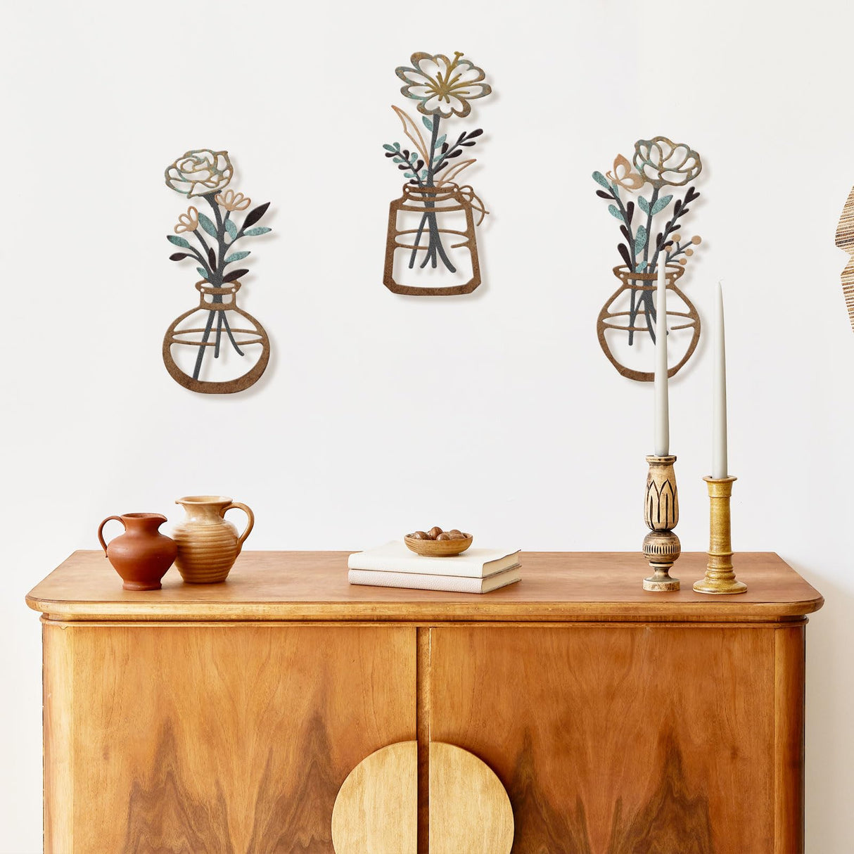 ARTINME 3 Pieces Metal Flowers Wall Arts - Rustic Farmhouse Decor Minimalist Flower Wall Decors for Living room Bathroom Kitchen Bedroom Dining Room - Housewarming Gifts (Brown) ARTINME