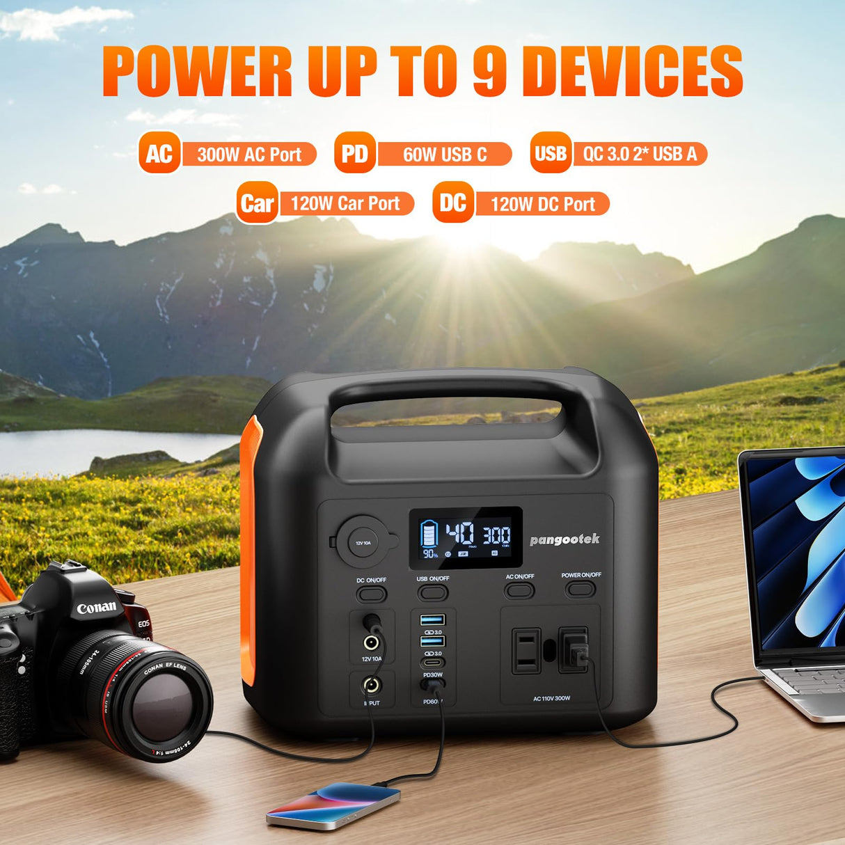 Portable Power Station, 300W (600W Peak) 299Wh LiFePO4 Solar Generator Pure Sine Wave 110V AC Car Outlets PD 60W QC3.0 Backup Power Supply Bank for Camping, Blackout, CPAP pangootek
