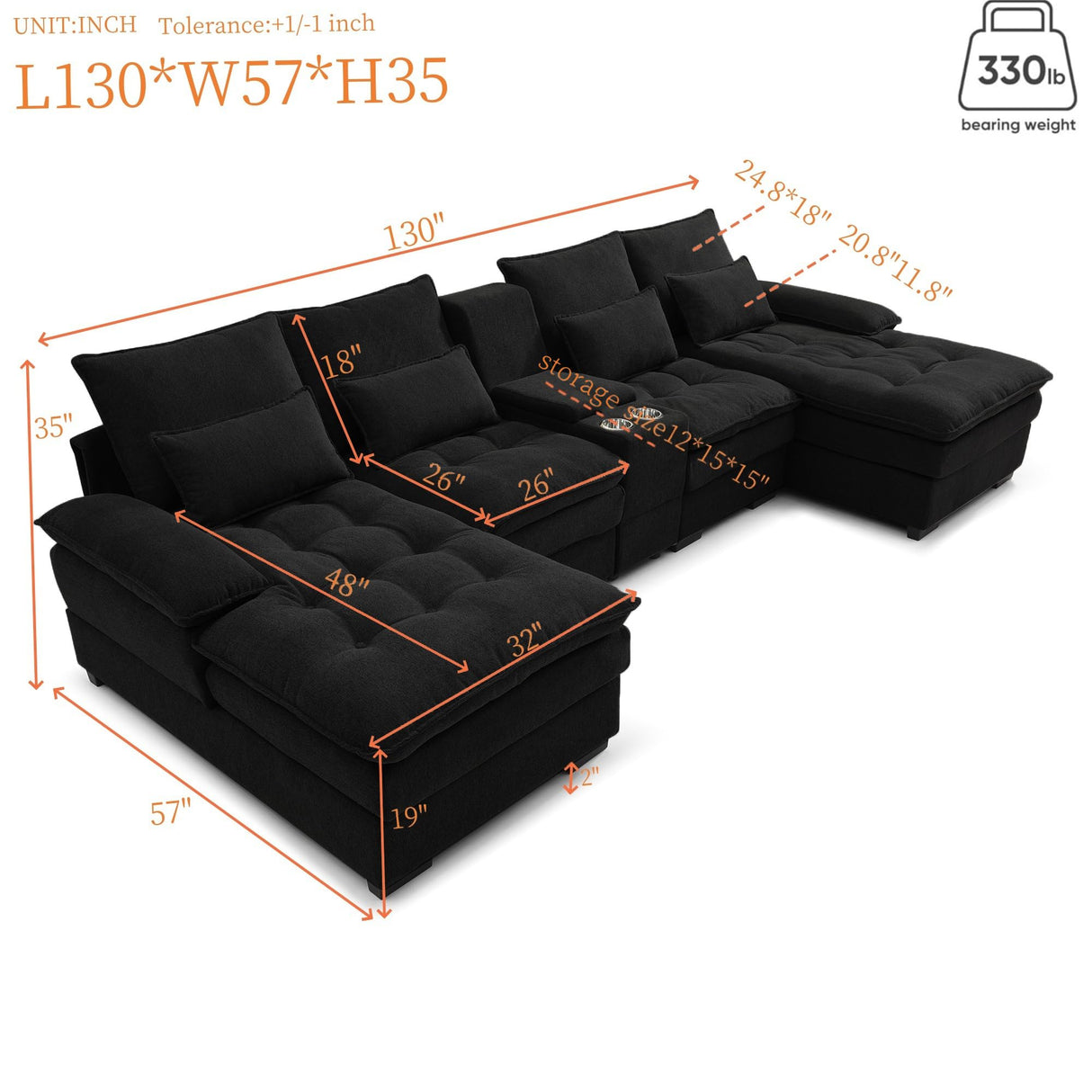 KEIKI 130" U-Shaped Sofa with Storage Console, Cup Holders, 6-seat Upholstered Sectional Sofa Button Tufted Cloud Cushion Couch for Home, Office, Apartment, Black KEIKI