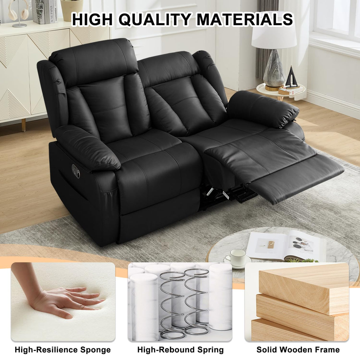 WISHDEER 58.3" Reclining Loveseat Sofa, RV Loveseat Recliner Couch - Home Theater Seating with Side Pockets for Living Room, Manual RV Recliners for Travel Trailers (Black, Loveseat) WISHDEER