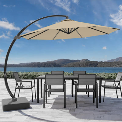 AreShark 7-Piece Patio Dining Set with 11 FT Curvy Cantilever Umbrella, HDPE Tabletop & Aluminum Frame All-Weather Outdoor Furniture for Garden, Backyard, Poolside, Gray