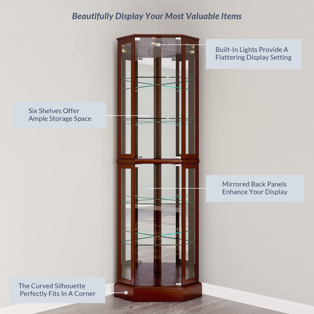 BELLEZE Lighted Corner Display Curio Cabinet Wooden Curved Shelving Unit with Tempered Glass Door, Bar and Liquor Storage Area with 6 Shelves - BELLEZE