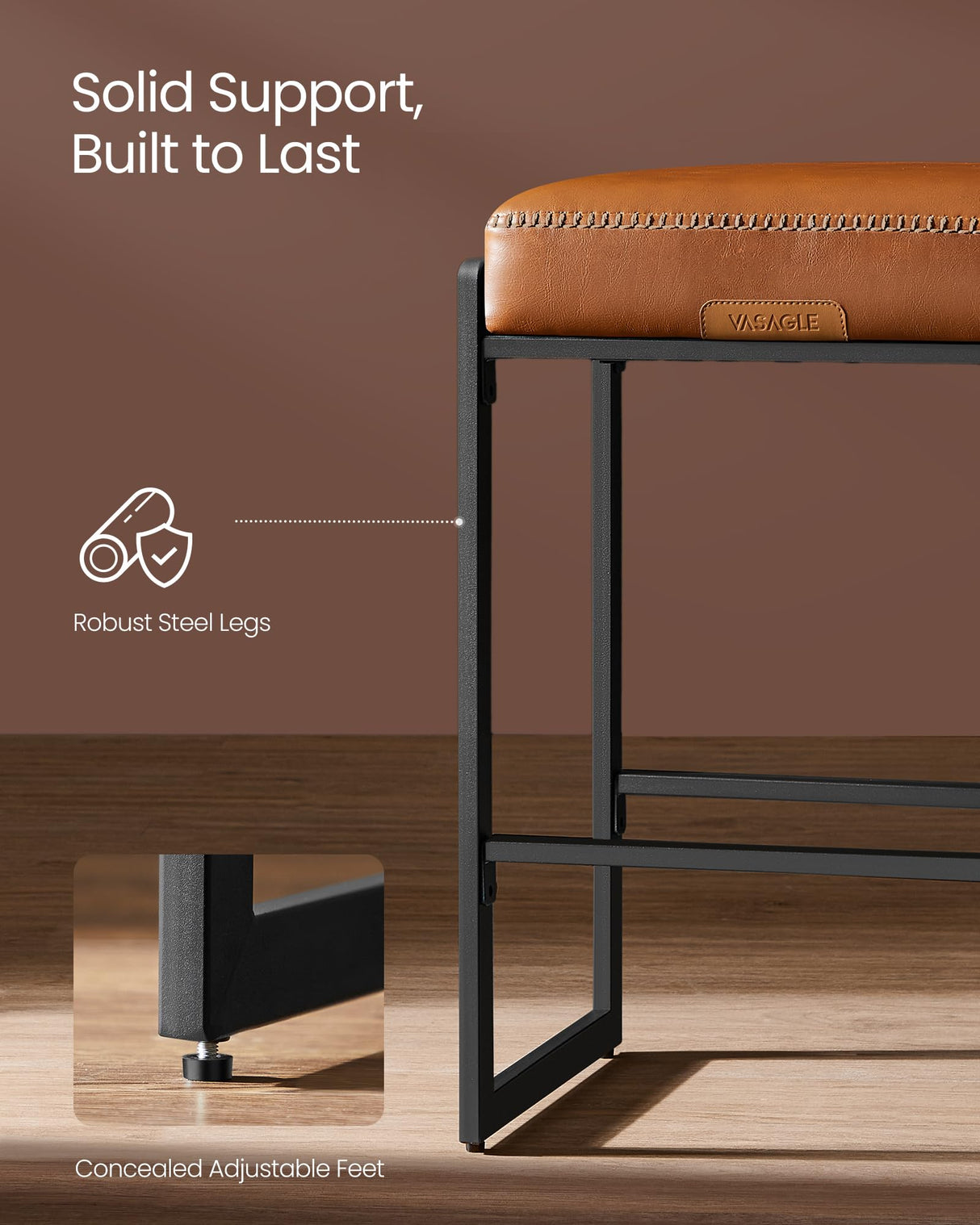 VASAGLE EKHO Collection - Bar Stools Set of 2, Counter Height Bar Stools, Synthetic Leather with Stitching, Mid-Century Modern Counter Stools, 26-Inch Tall, Kichen Home Bar Dining Room, Caramel Brown VASAGLE