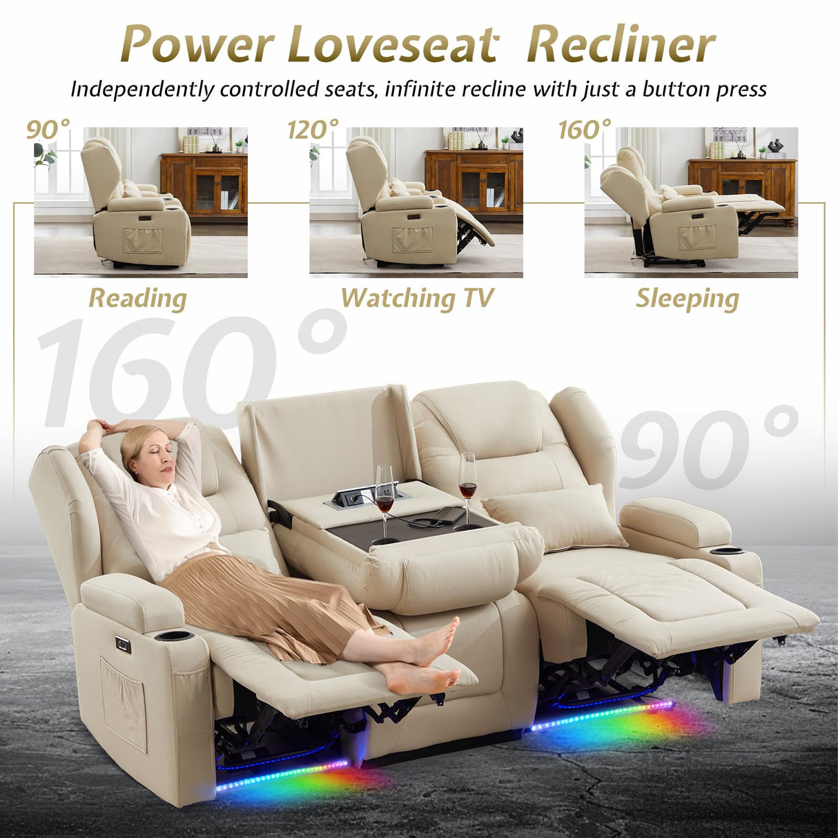 SAMERY Power Loveseat Recliner Sofa with Adjustable Split Back, Multi-Port Charger, Flip-Up Backrest & LED Lighting - Home Theater Seating with Storage, Cup Holders, Beige Fabric Loveseat Recliner SAMERY