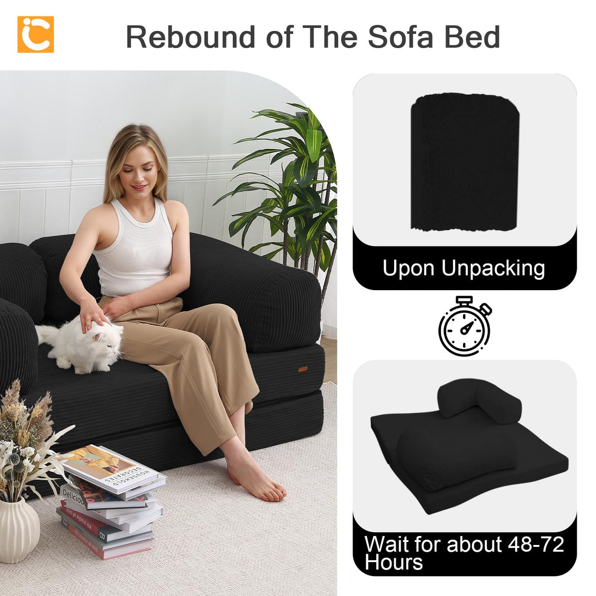 COMAX Folding Sofa Bed Queen, 4-in-1 Foldable Floor Couch Convertible Futon Sofa with Armrests Sleeper Mattress Chair Bed Comfy Portable Fold Out Lounge Guest for Living Room Bedroom, Black COMAX