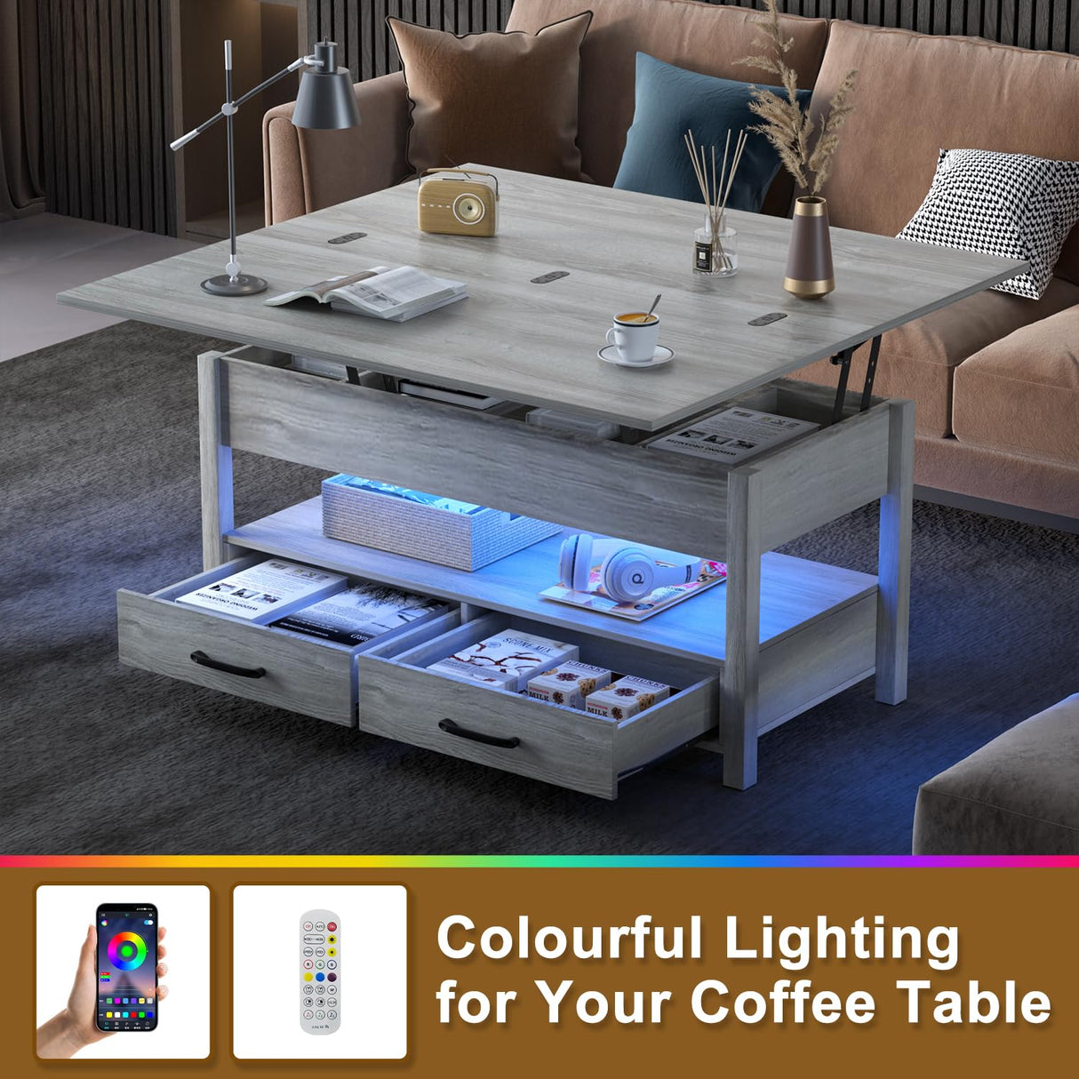 SYESWAY Lift Top Coffee Table with LED, 3-in-1 Multifunctional Coffee Table with Drawers and Hidden Compartments, Coffee Table Converts to Dining Table, for Living Room, Reception Room, Grey SYESWAY