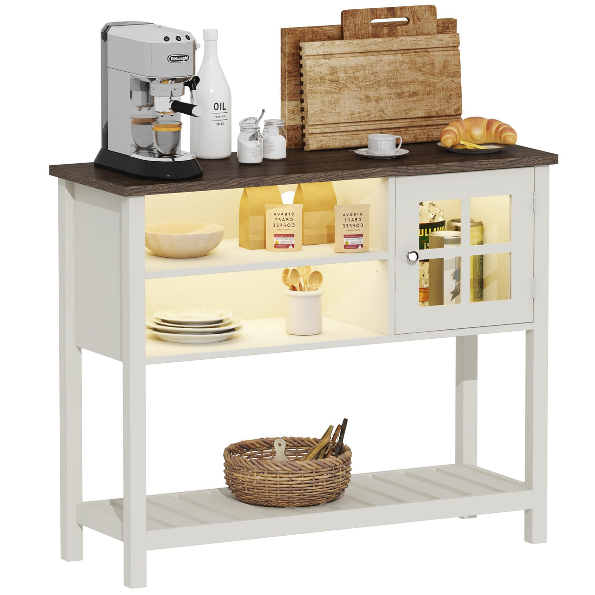 ChooChoo Farmhouse Coffee Bar Cabinet with LED, Buffet Cabinet with Storage, Sideboard Buffet Cabinet with Glass Door, Console Table for Kitchen, Hallway, Entrance, White ChooChoo