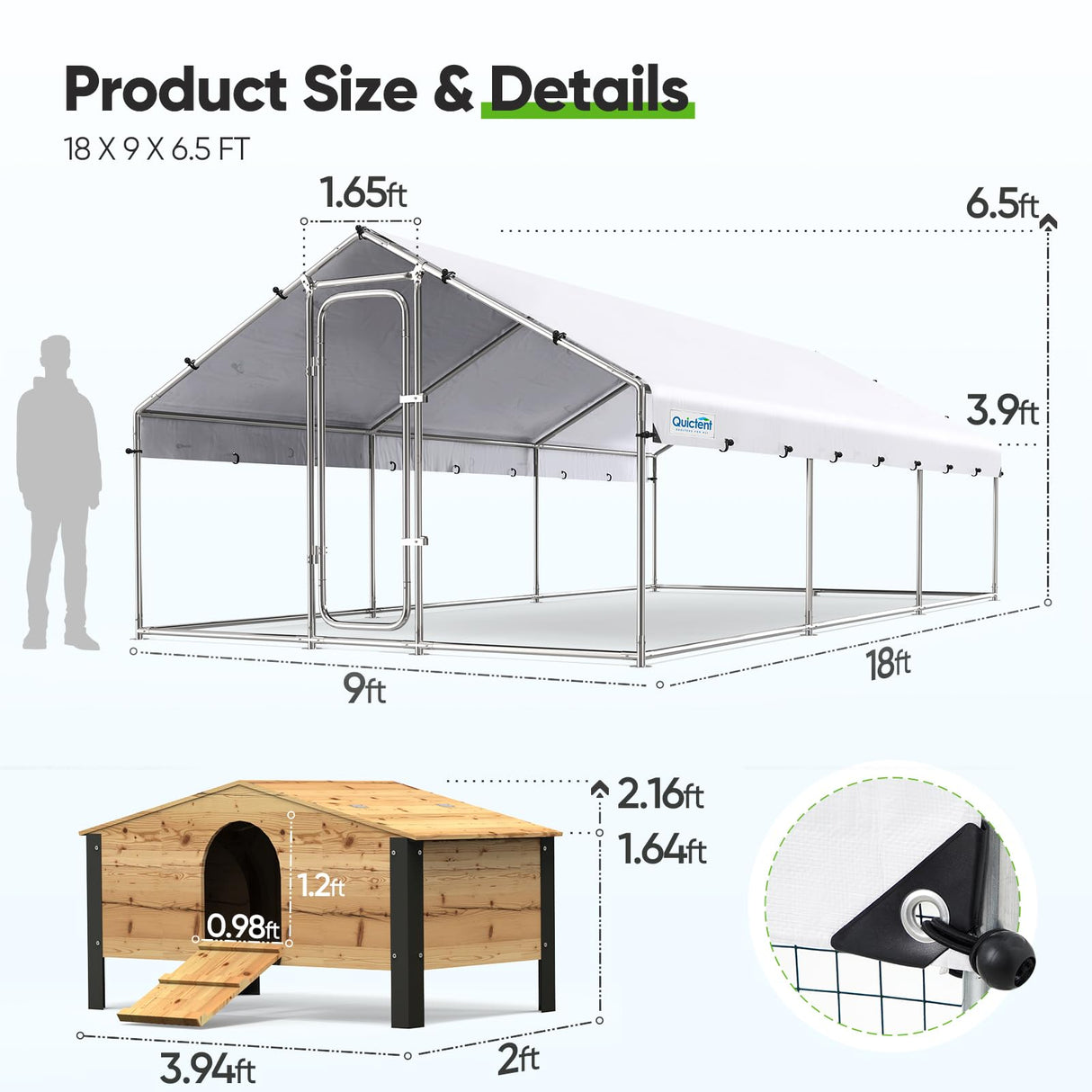 Quictent Large Metal Chicken Coop Run W/Nesting Box for 30+ Poultry with Heavy Duty Wire Mesh and Waterproof Roof Cover, Outdoor Walk-in Cage Peak Hen House for Yard Farm, 18x9x6.6FT Quictent