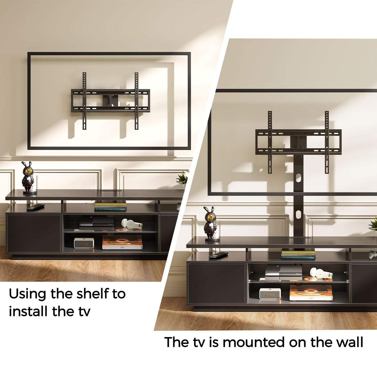 Rolanstar TV Stand with Mount and Power Outlet 59.1", Swivel TV Stand Mount for 32/45/55/60/65/70 inch TVs, Height Adjustable Modern Entertainment Center with Storage & LED Lights, Black TV Table Rolanstar