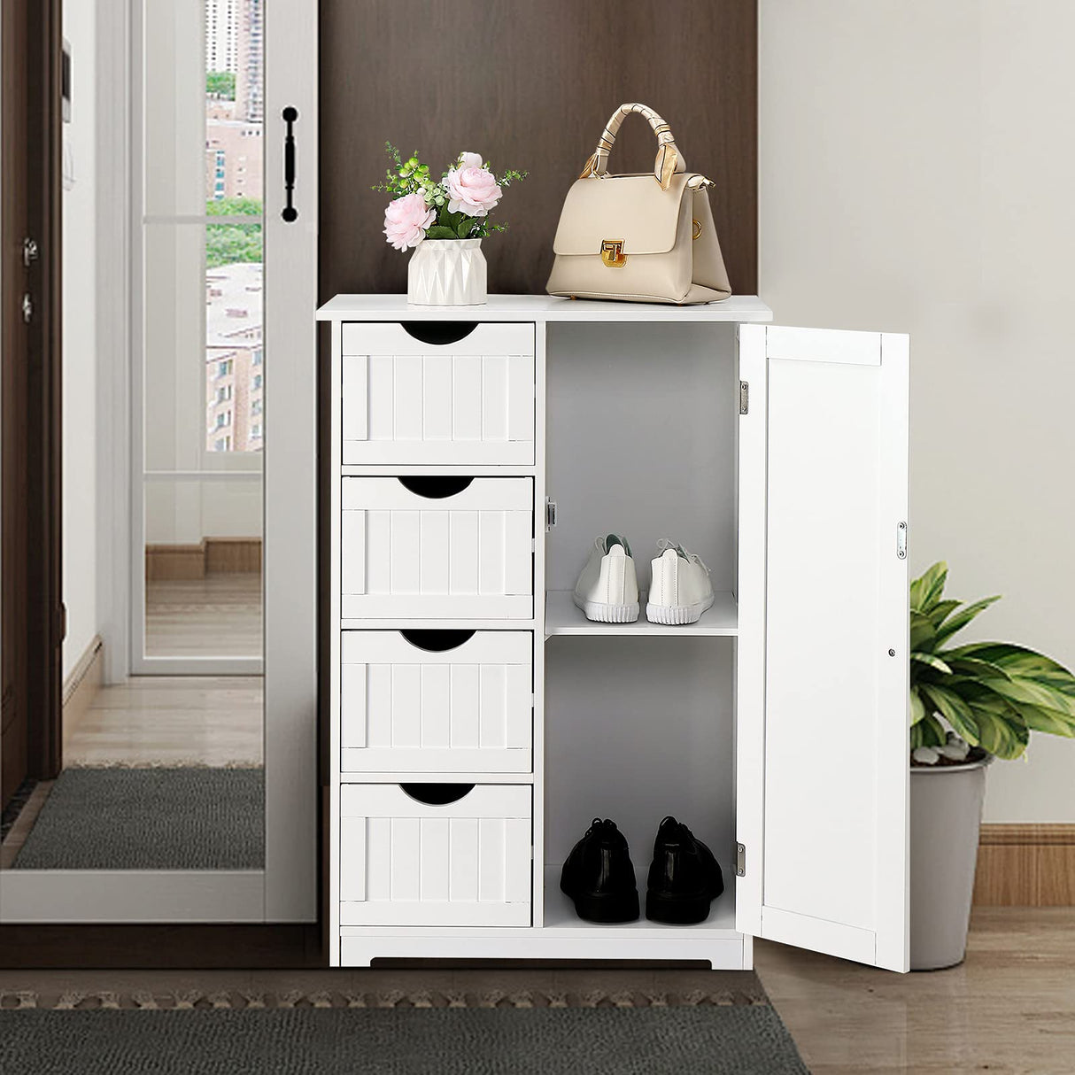 Bonnlo Compact White Wooden Bathroom Storage Cabinet with 4 Drawers and Cupboard Bonnlo