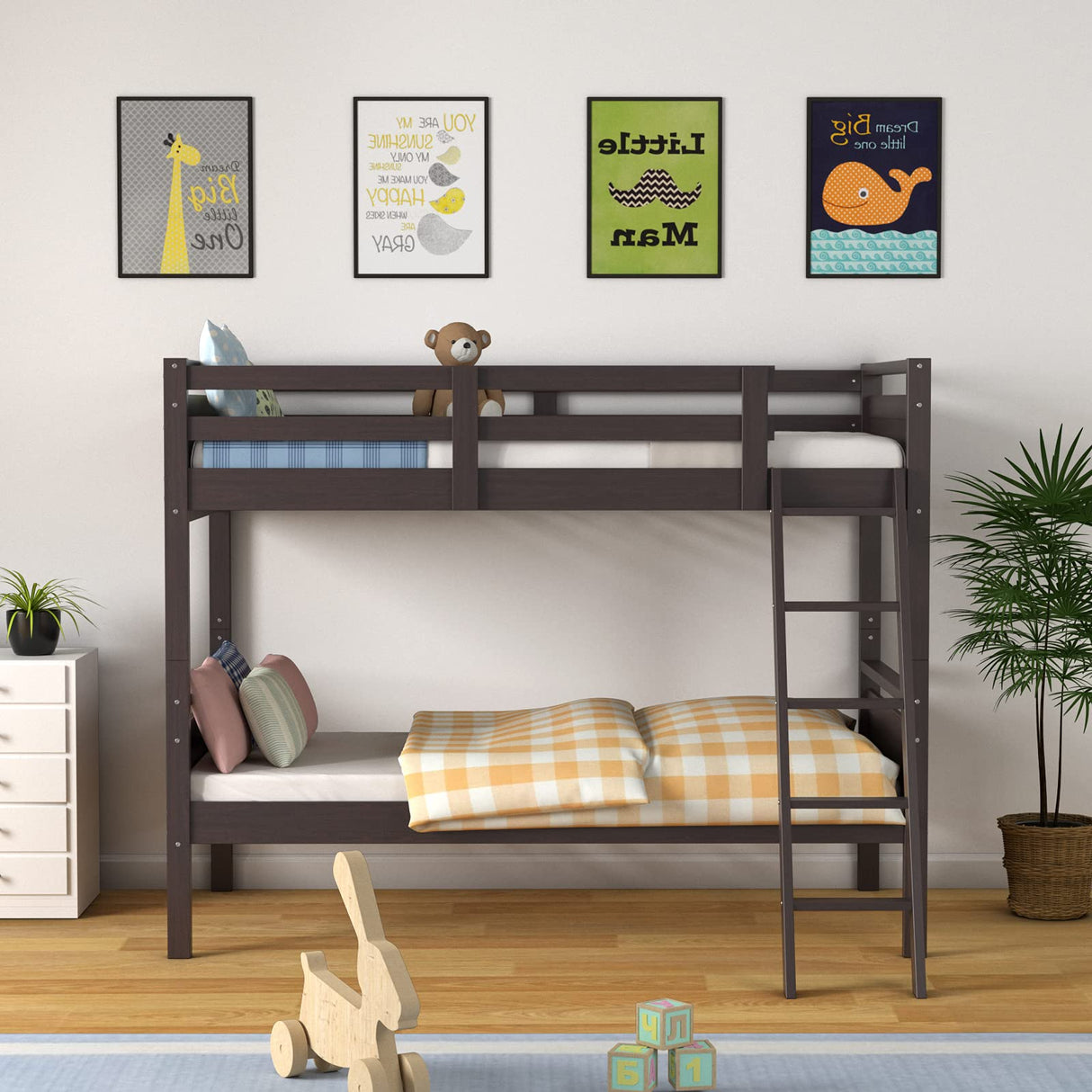 Giantex Twin Over Twin Bunk Bed, Solid Wood Twin Bunk Bed Convertible Into Two Individual Beds, Kids Twin Bunk Bed w/Ladder & Guard Rail for Boys Girls (Espresso) Giantex