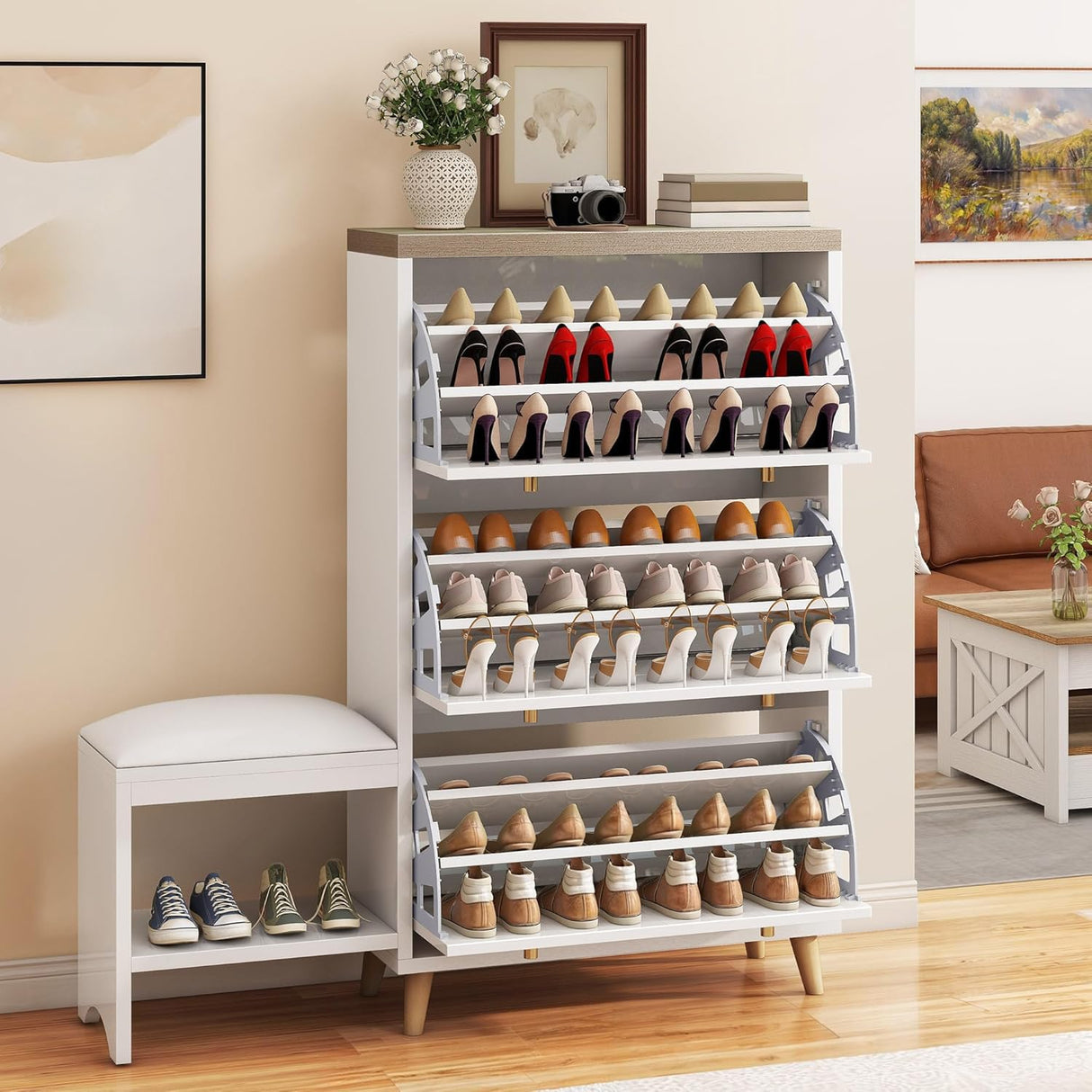 DWVO Shoe Cabinet with Bench for Entryway, Modern Shoe Storage Cabinet Shoe Bench, Narrow Hidden Shoe Organizer with 3 Flip Drawer, for Hallway, Closet, Living Room, White DWVO