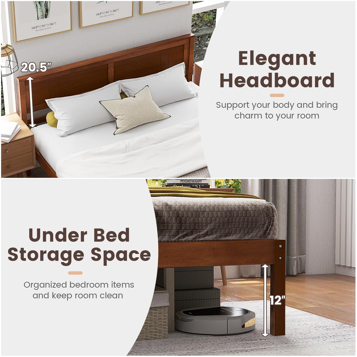 KOMFOTT Queen Size Wood Platform Bed Frame with Headboard, Solid Wood Bed Frame with Slat Support, 10-Leg Support, Under Bed Storage, 16” Mattress Foundation Bedroom Furniture, No Box Spring Needed KOMFOTT